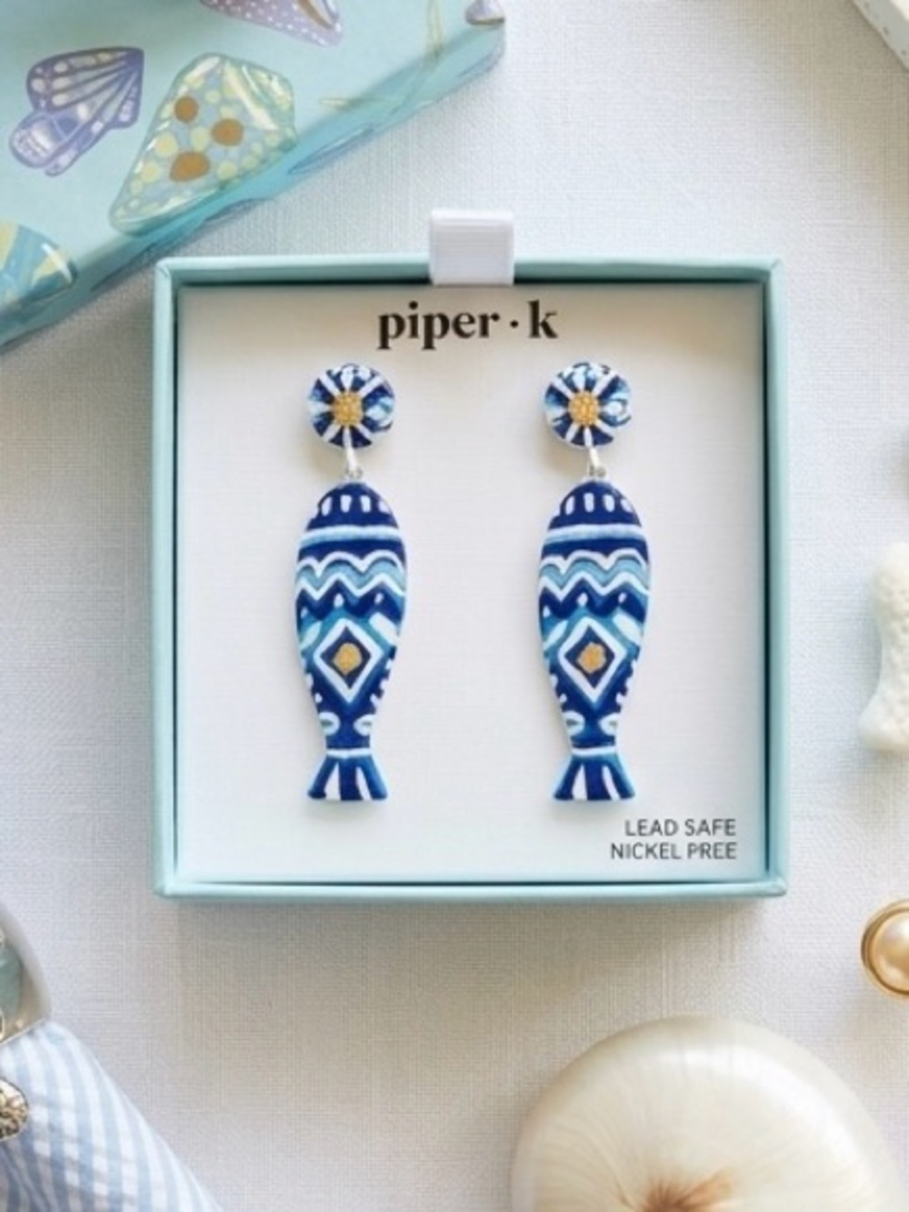 Piper K Blue & Yellow enamel painted Mermaidcore Sea Life Beach earrings NEW NWT